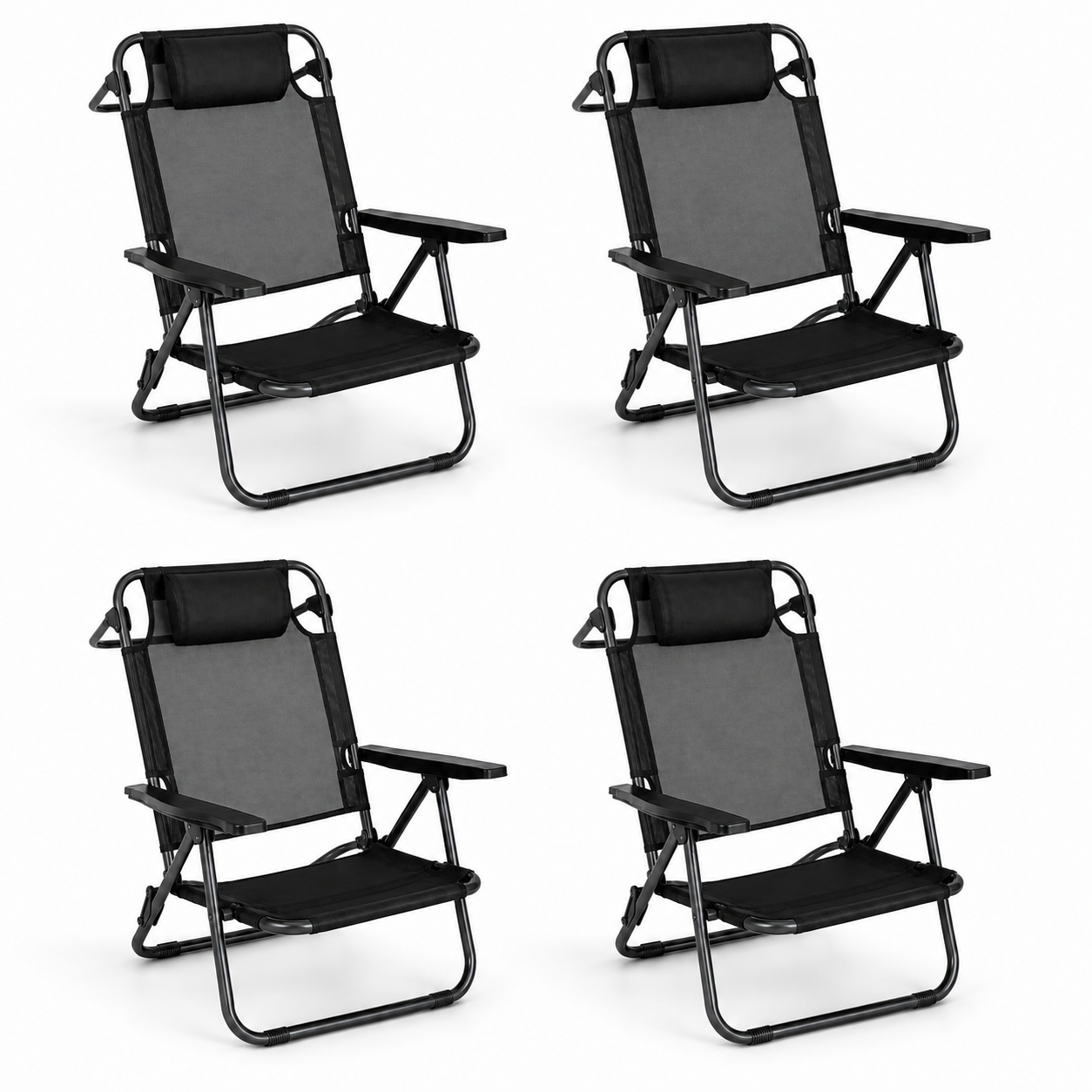 Set mit 4 niedrigen klappbaren Stühlen für Strand und Camping mit gepolstertem Kopfstütze