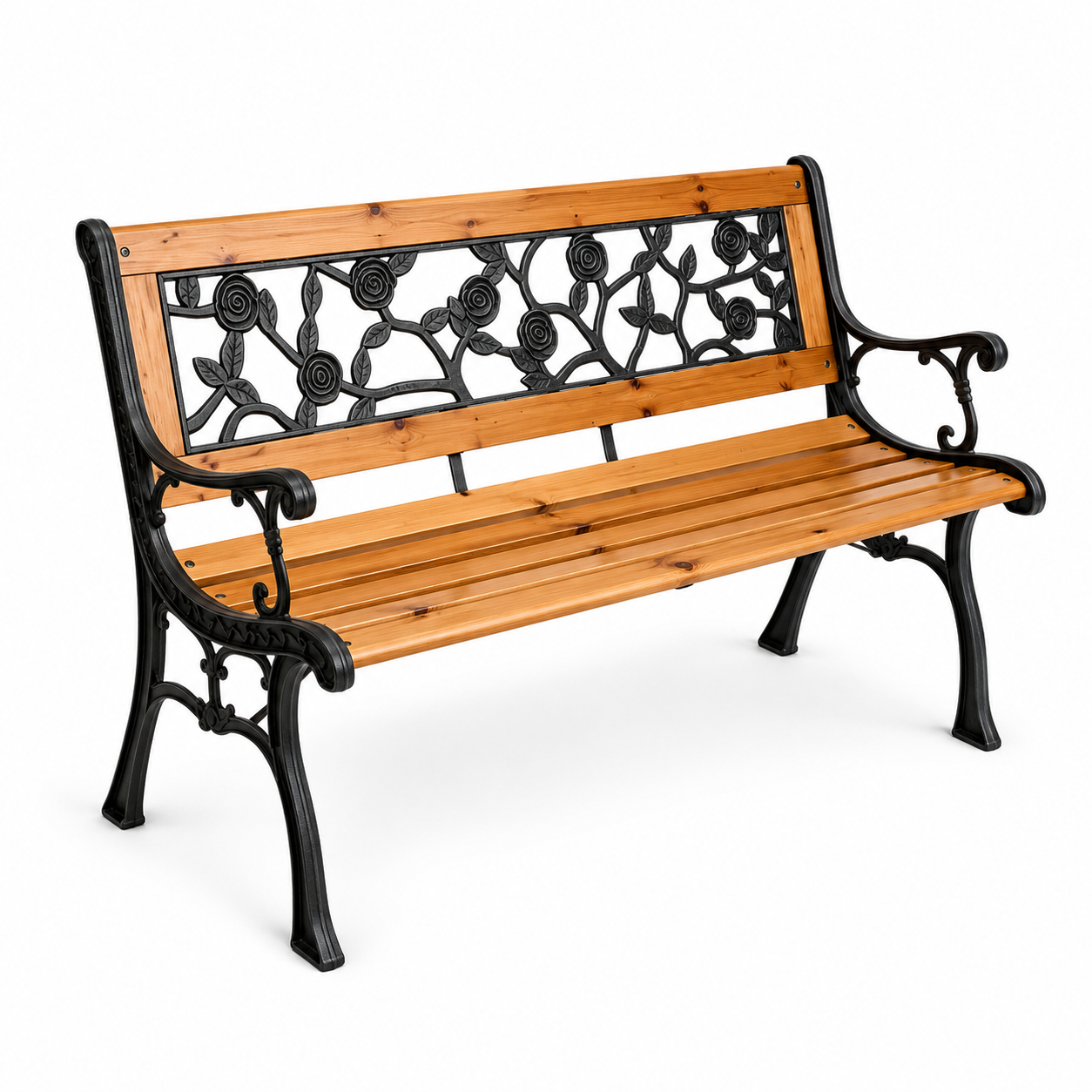 Tuinbank van hout en metaal met decoratieve rugleuning met bloemmotief