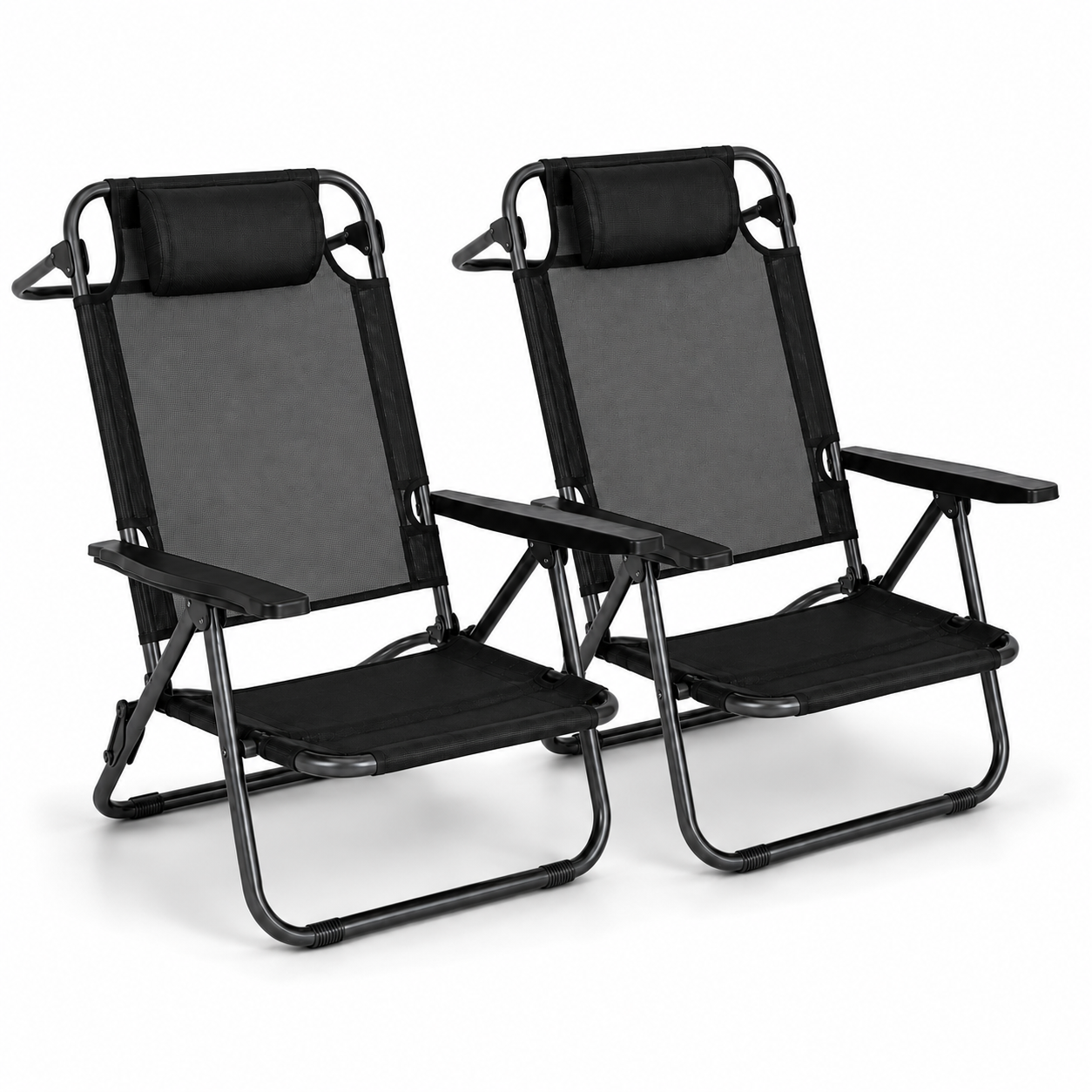 Set 2 niedrige klappbare Stühle für Strand und Camping mit gepolsterter Kopfstütze