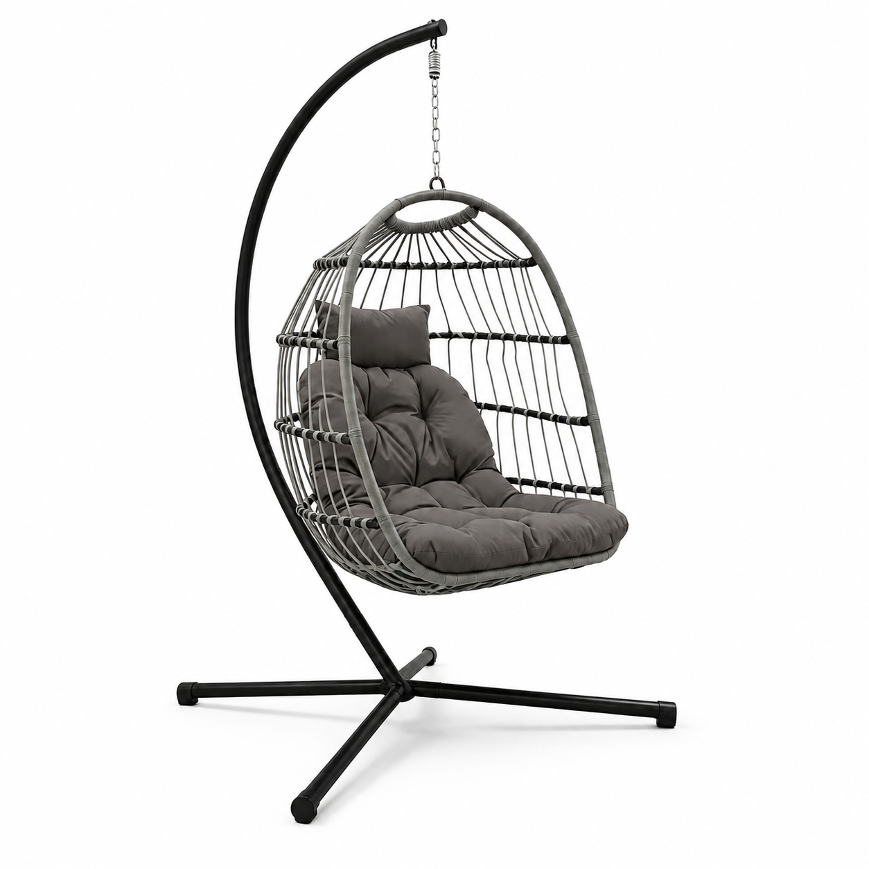 Hangende ei-fauteuil voor de tuin met gewatteerde kussens en metalen frame