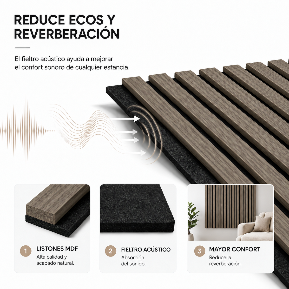 Panel acústico decorativo MDF efecto madera con fieltro 120x60 cm Pack 4