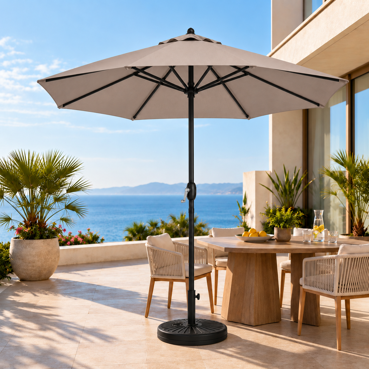 Set 3 m kaki rechte parasol + ronde vulbare voet