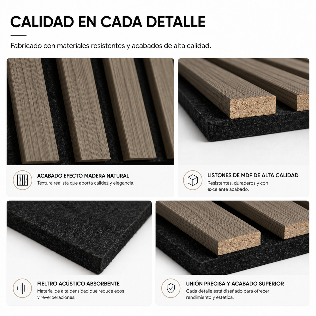 Panel acústico decorativo MDF efecto madera con fieltro 120x60 cm Pack 4