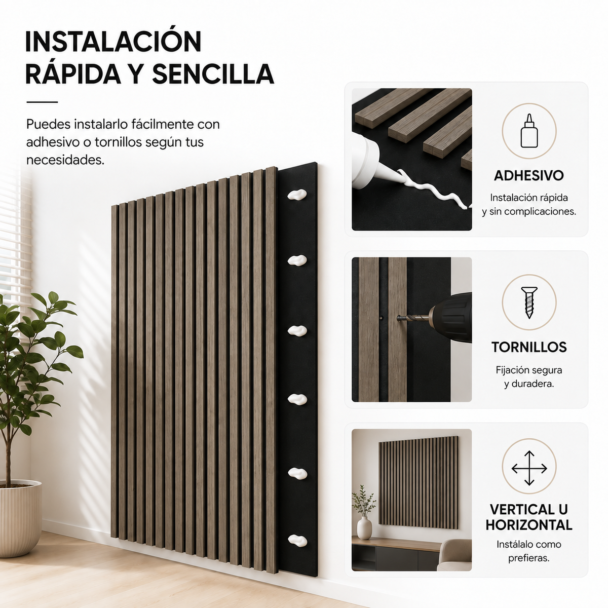 Panel acústico decorativo MDF efecto madera con fieltro 120x60 cm Pack 4