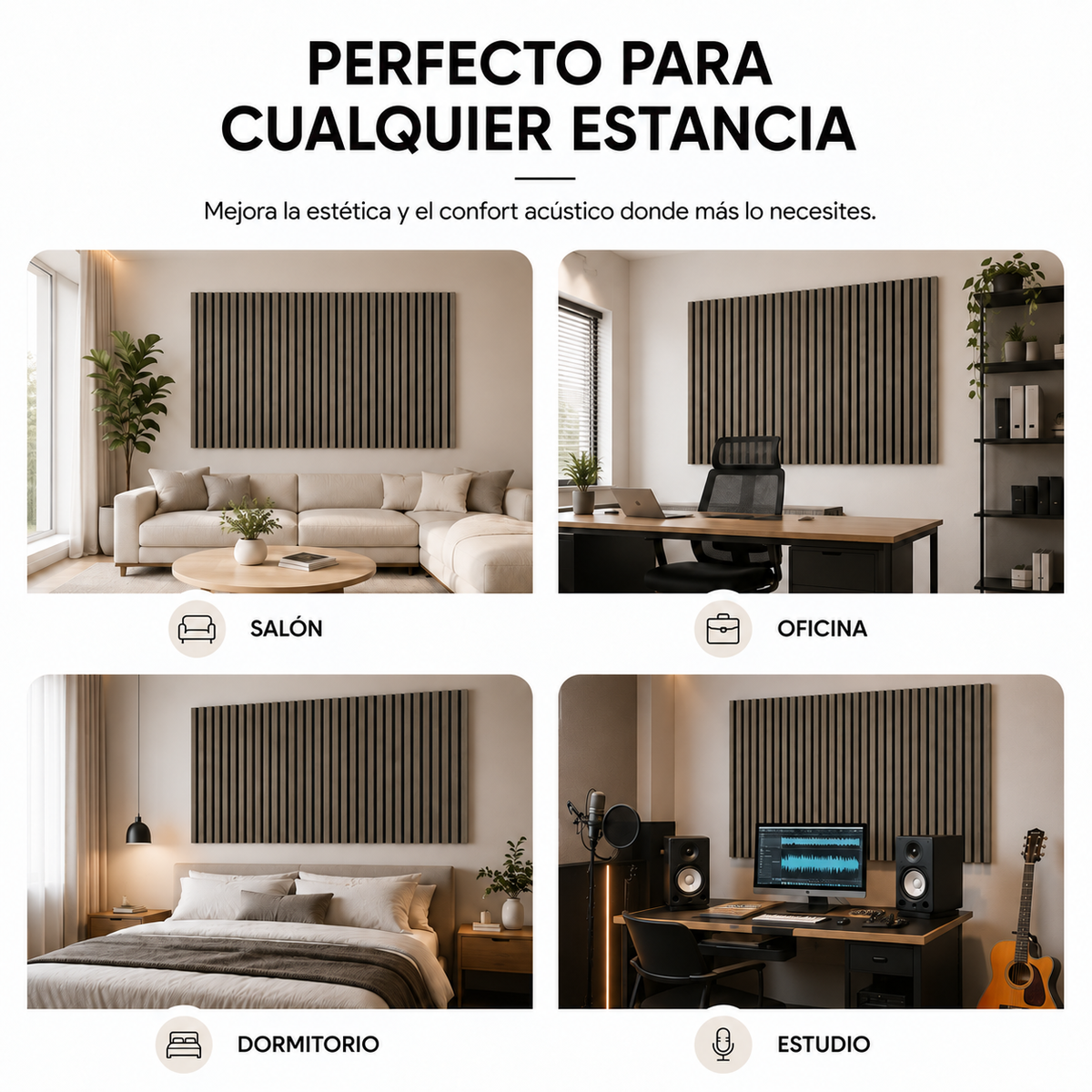 Panel acústico decorativo MDF efecto madera con fieltro 120x60 cm Pack 4