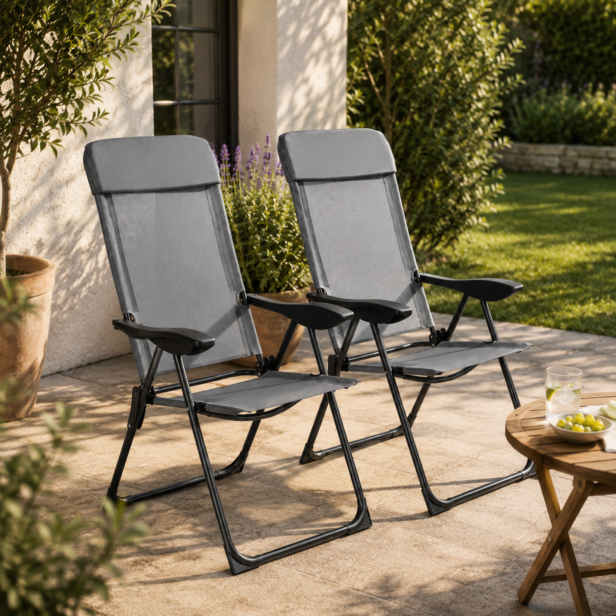 Pack de 2 chaises pliantes inclinables 7 positions dossier haut extérieur