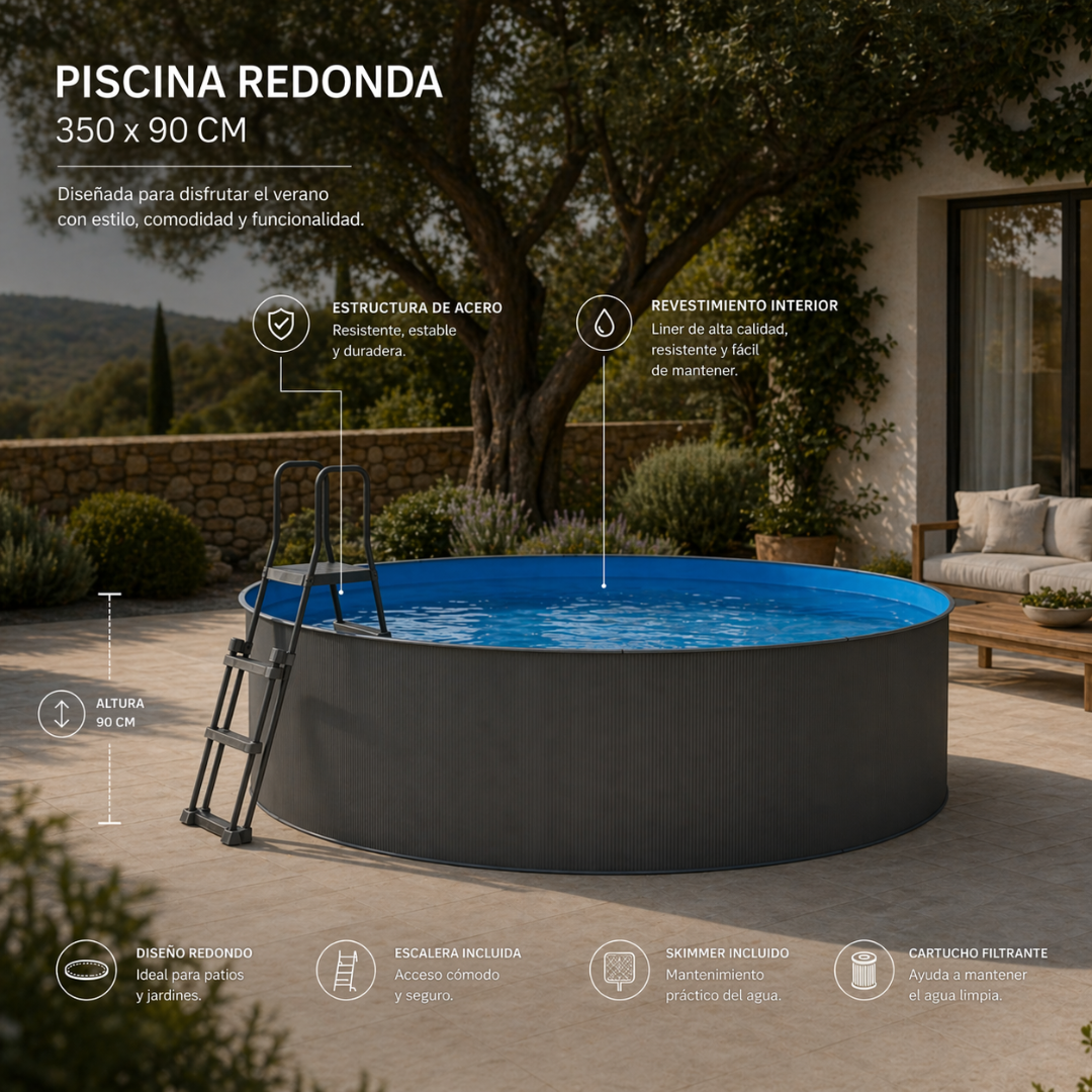 Piscine hors-sol acier ronde anthracite 350 x 90 cm