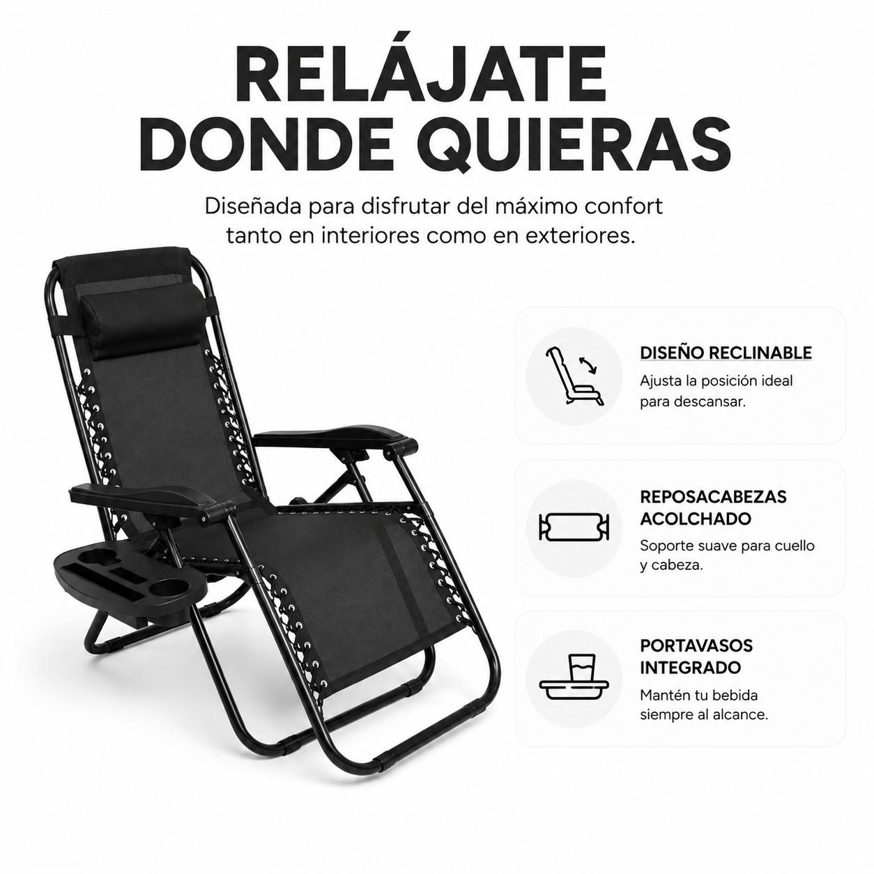 Pack 2 Espreguiçadeiras Dobráveis Praia Pretas com Porta-copos