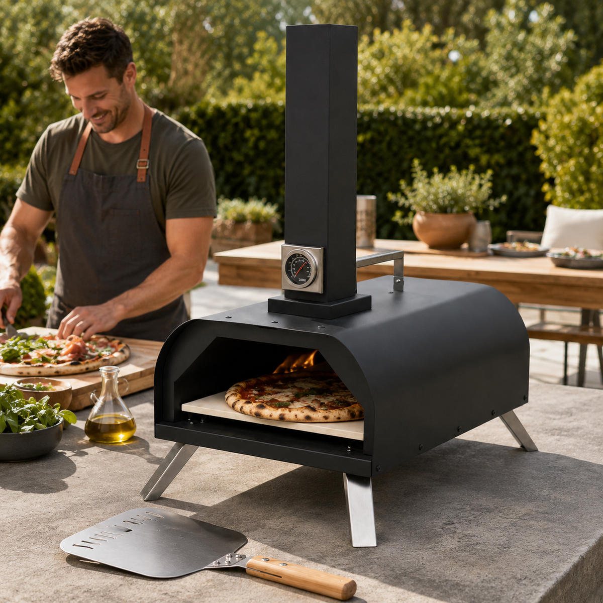 Houtskoolbarbecueoven voor pizza met geïntegreerde schoorsteen en grillrooster