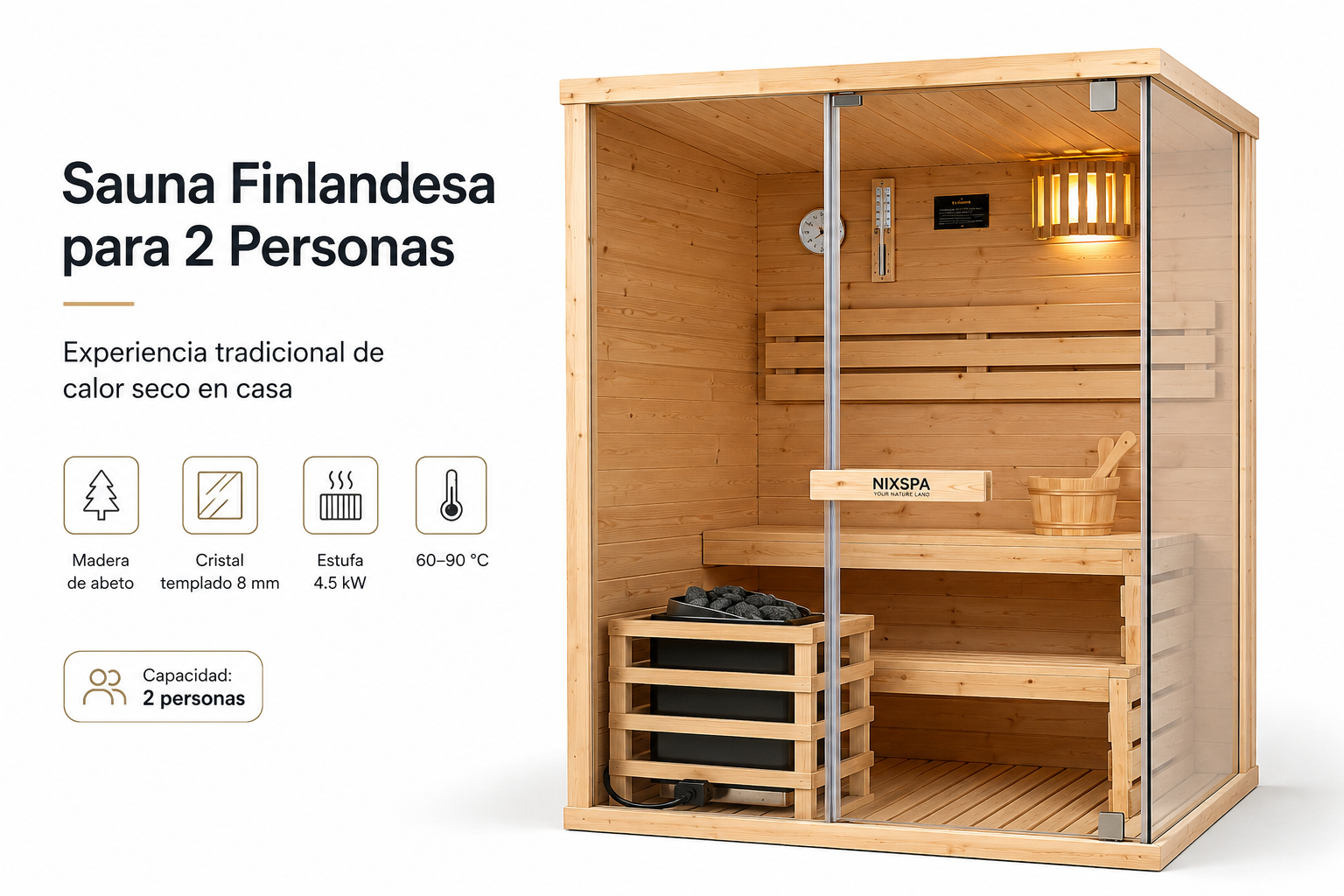 Finse sauna voor thuis, voor 2 personen, van sparrenhout