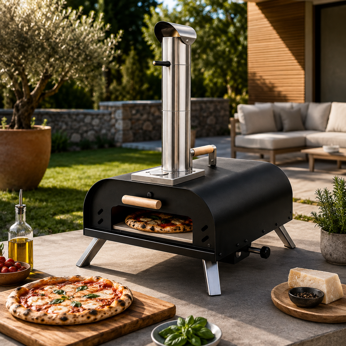 Draagbare houtskoolpizzaoven met schoorsteen en geïntegreerde thermometer