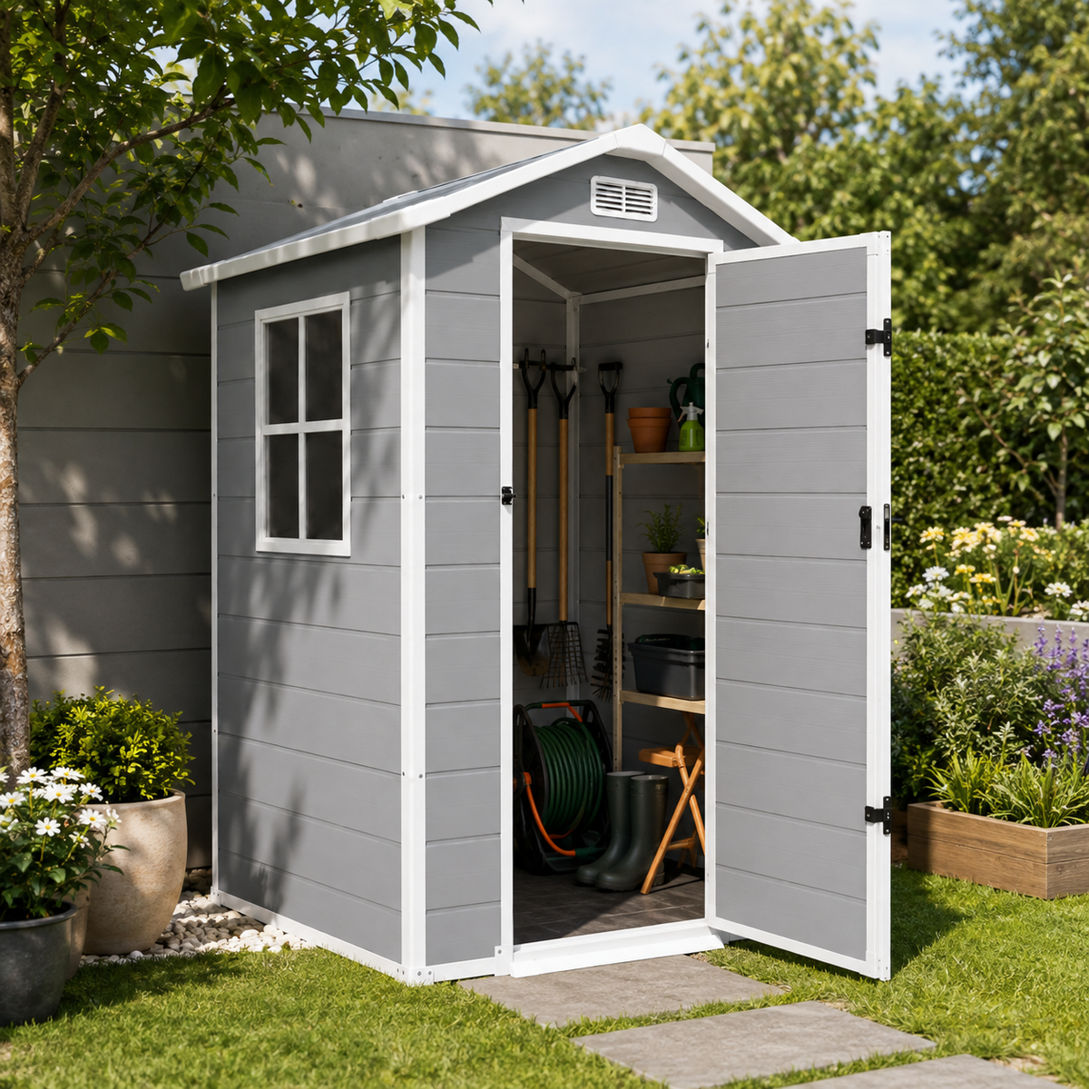 Resin tuinhuisje 4x3" voor buiten, met raam, ventilatie en veiligheidssluiting