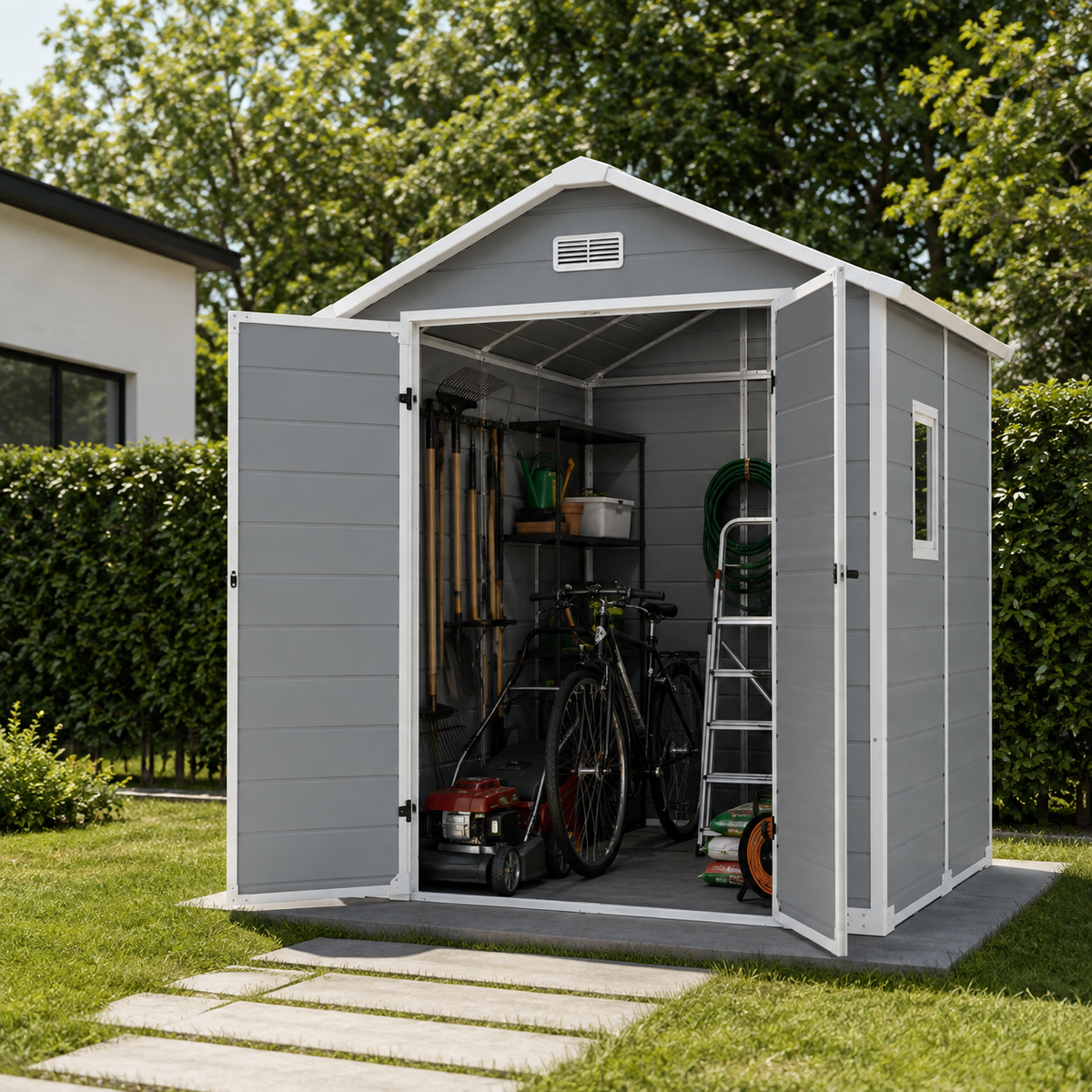 Caseta de jardín XL de resina 6x5" con ventana, doble puerta, ventilación y cierre de seguridad