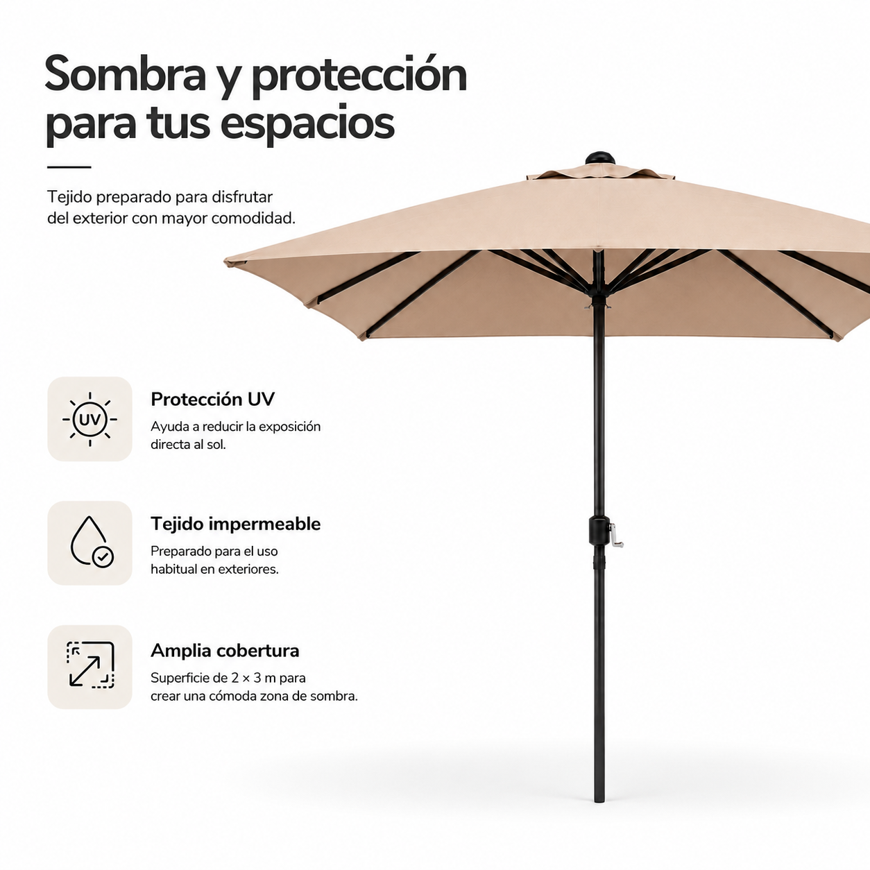 Parasol de jardin réglable 3 mètres avec manivelle couleur kaki