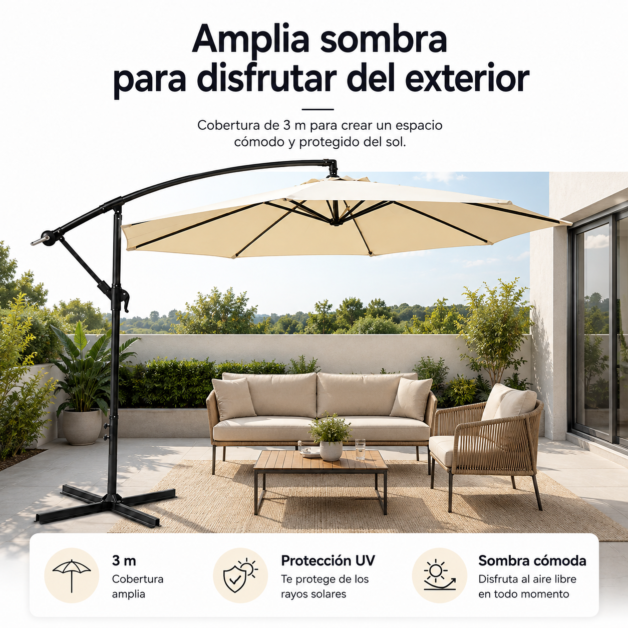Sombrilla Lateral 3 metros Inclinable 360° Con Mástil Y Manivela Beige Sin Base