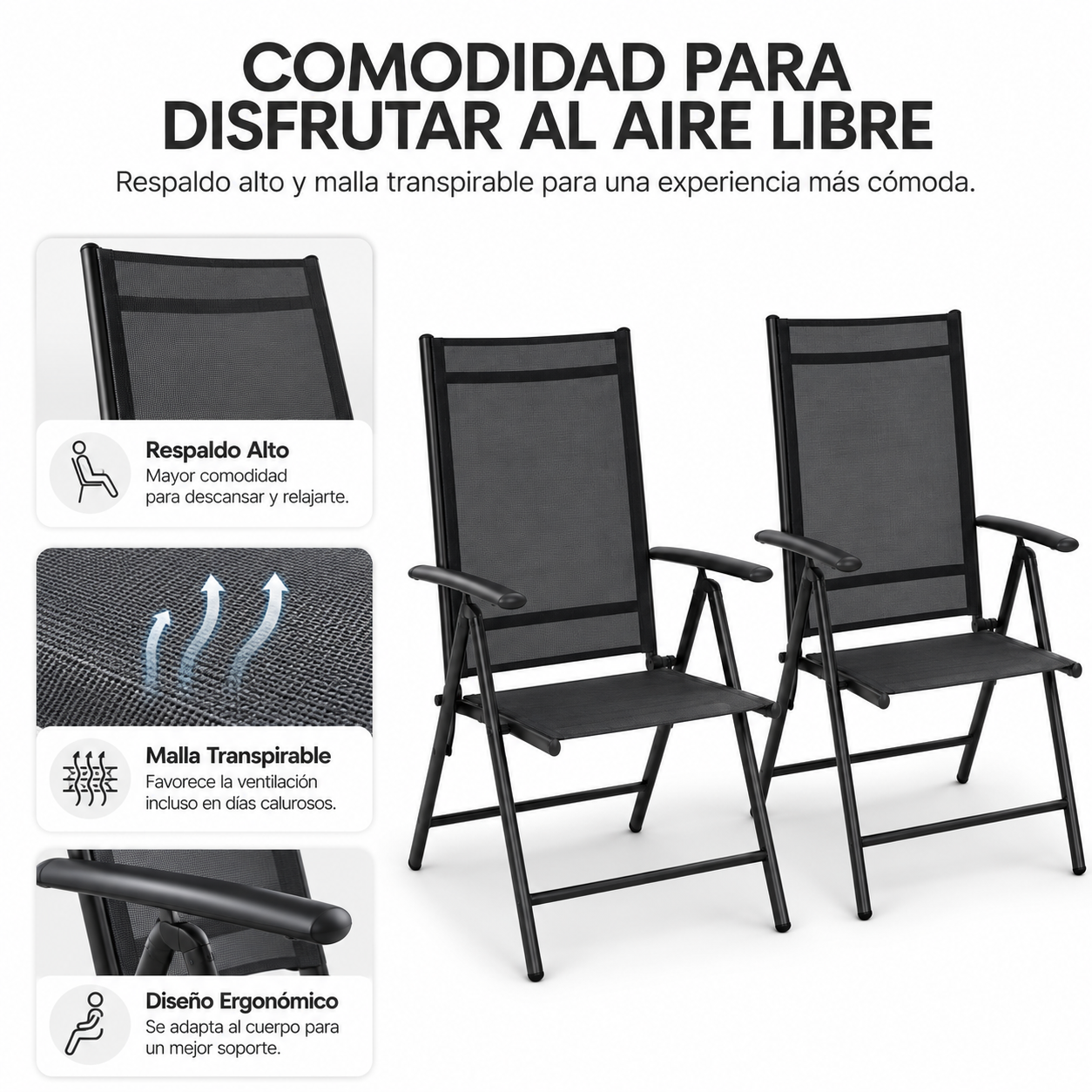 Sillas Plegables De Jardín Pack De 2 Aluminio Antracita Con Asiento Textil