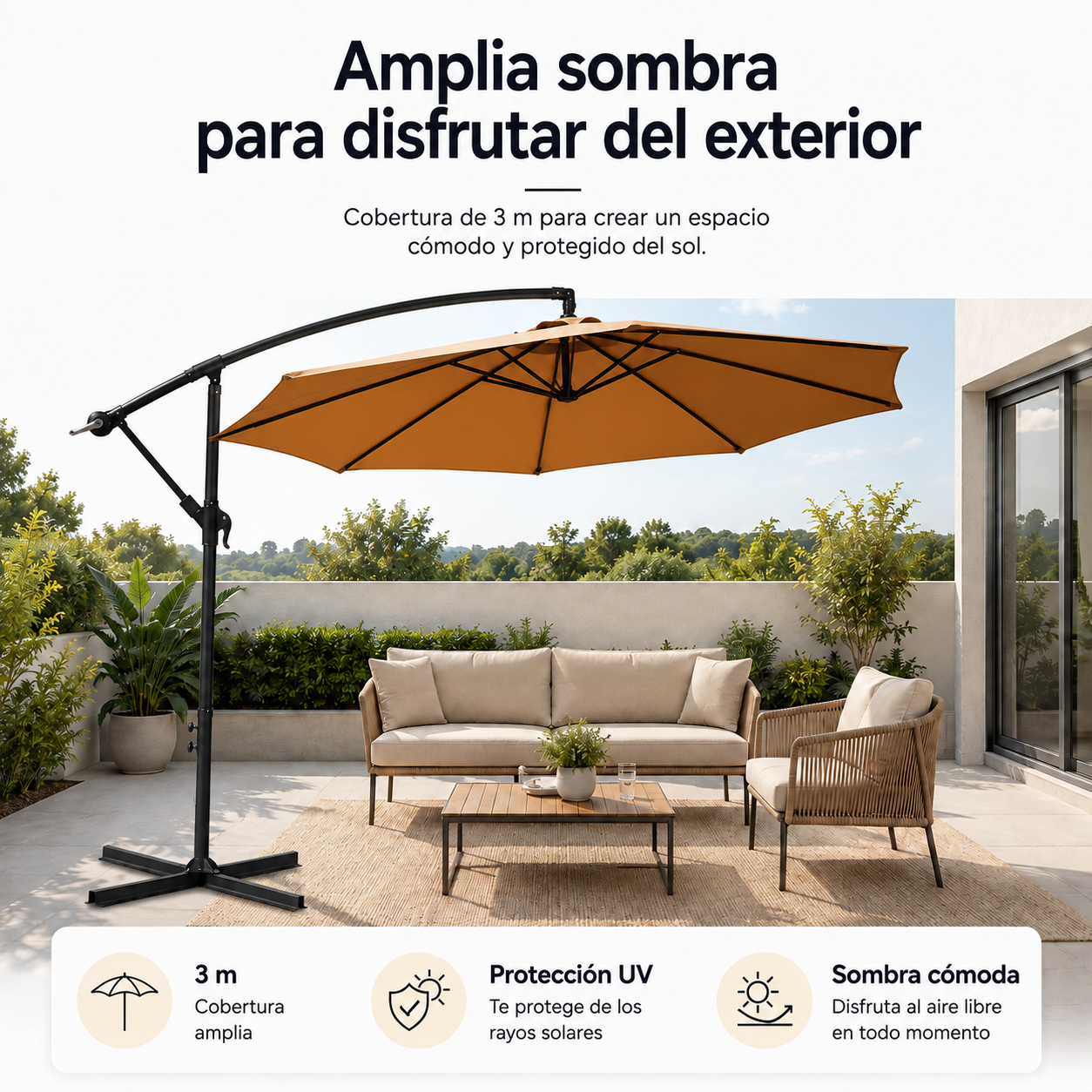 Parasol latéral 3 mètres de jardin inclinable 360° couleur kaki