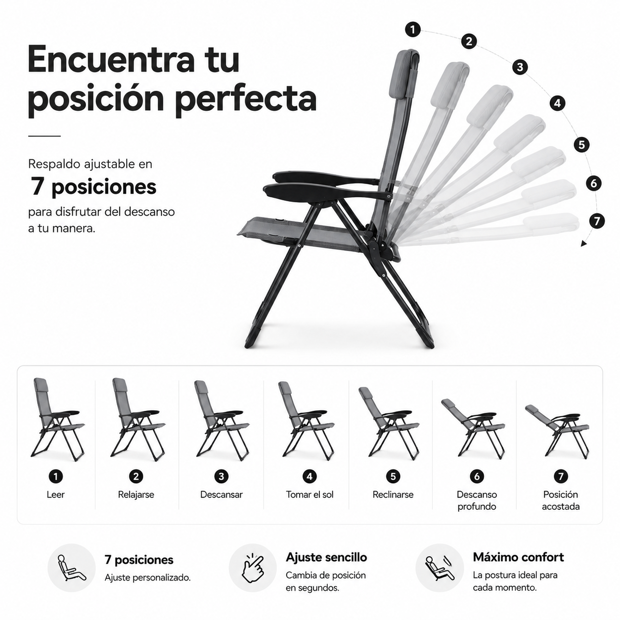 Pack de 2 Sillas Plegables Reclinables 7 Posiciones Respaldo Alto Exterior
