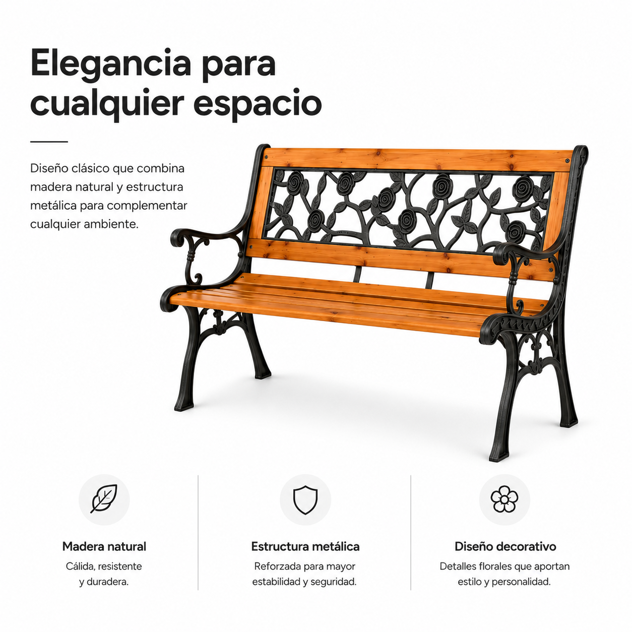 Banc de jardin en bois et métal avec dossier décor floral