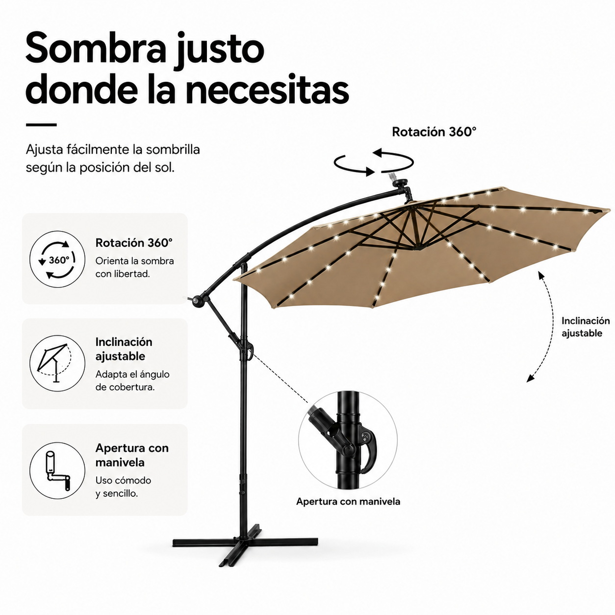3 Meter seitlicher Gartenschirm in Khaki mit LED und 360° Neigung