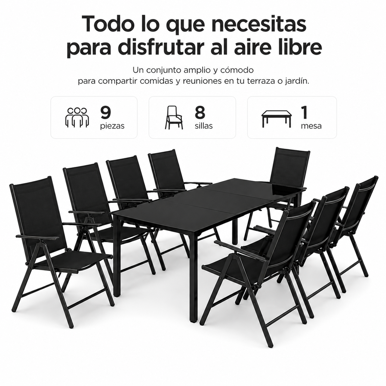 Ensemble jardin aluminium recouvert 9 pièces table en verre