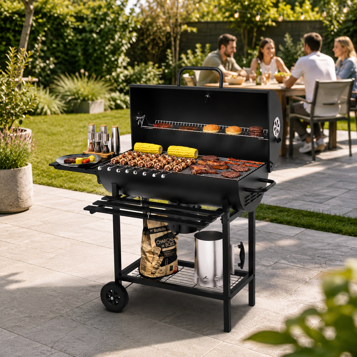 Barbacoa De Carbón Con Tapa Y Ventilación Ajustable Para Jardín Con Ruedas