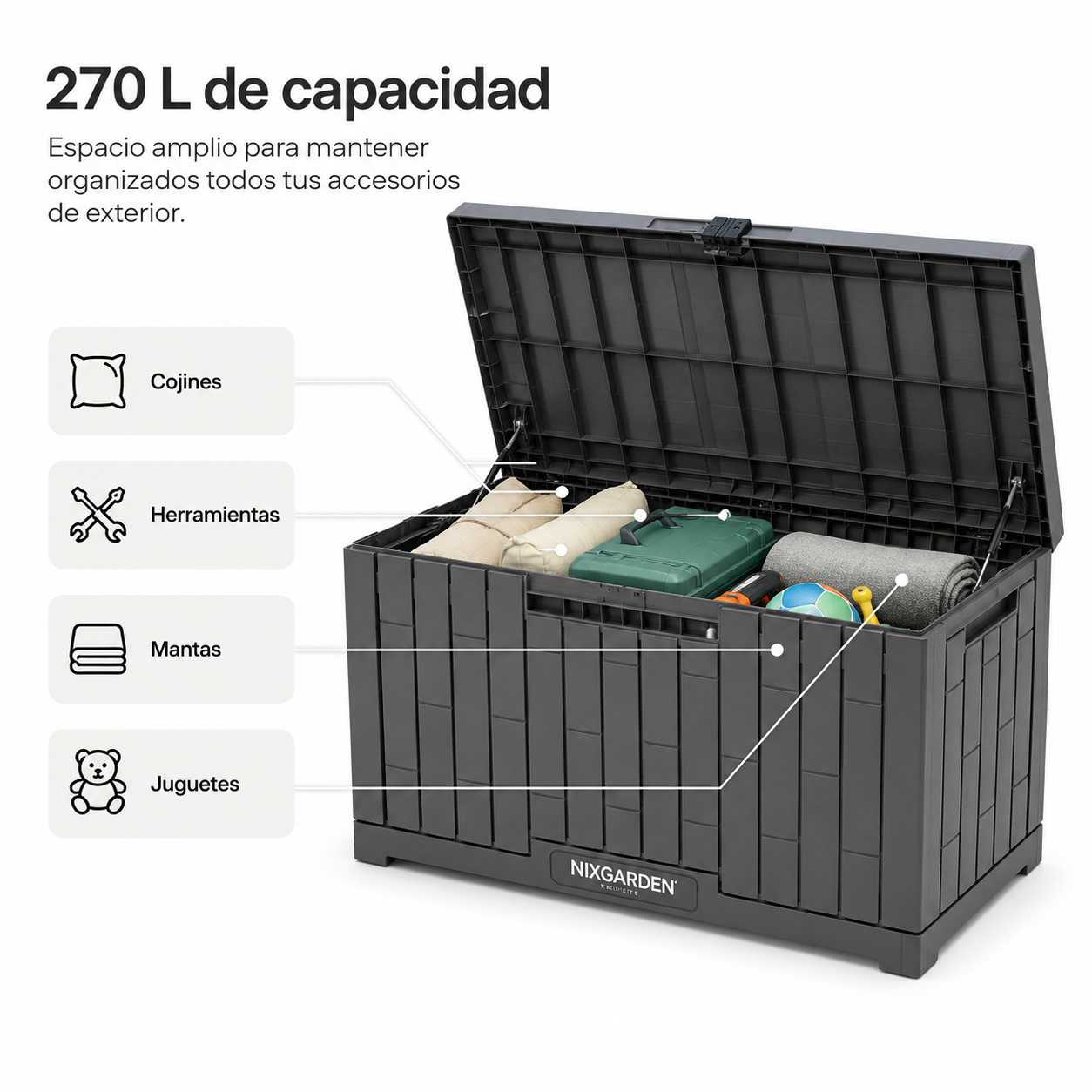 Coffre de jardin anthracite résine résistante effet rotin imperméable