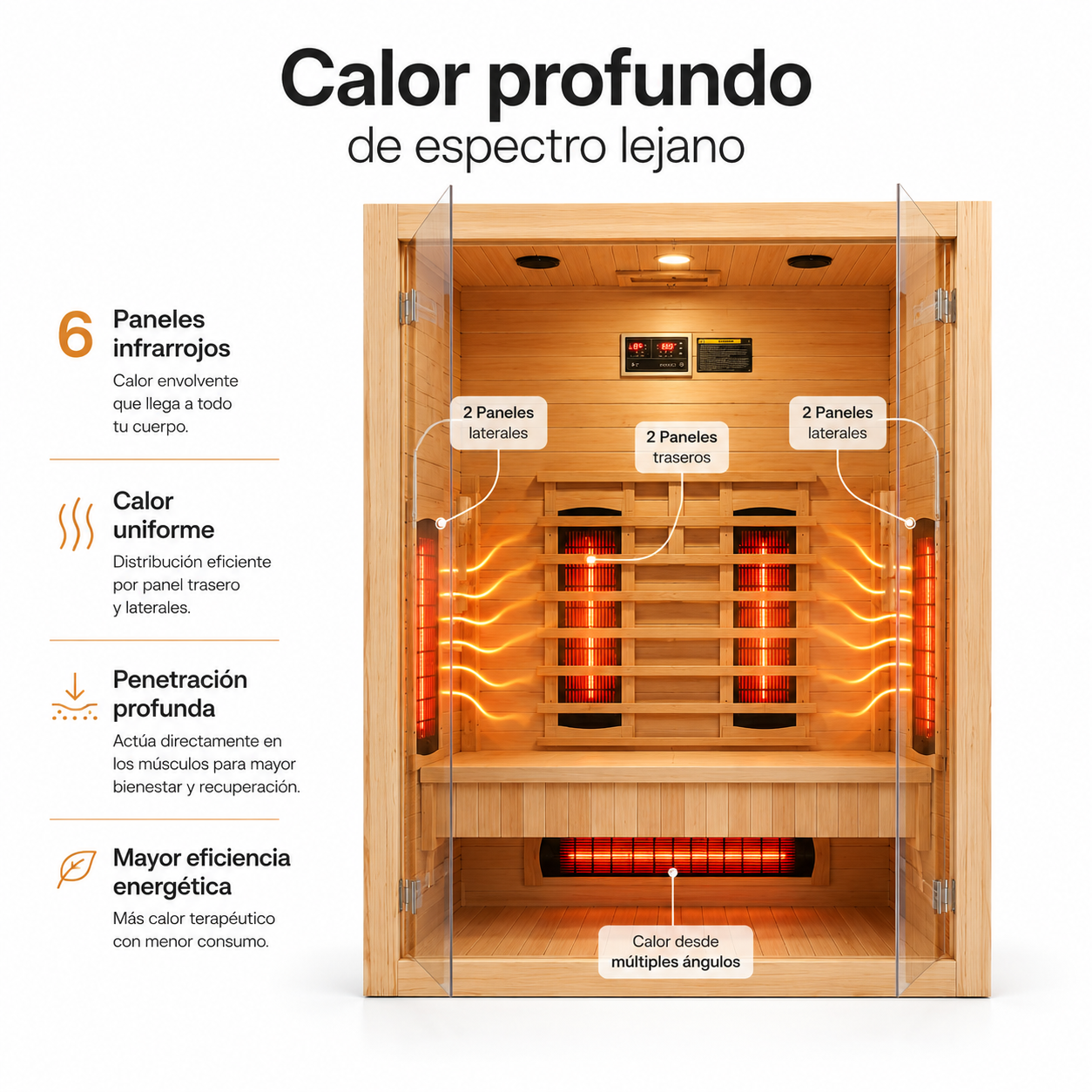 Sauna a infrarossi per casa 3 persone con 6 pannelli, Bluetooth e porta panoramica