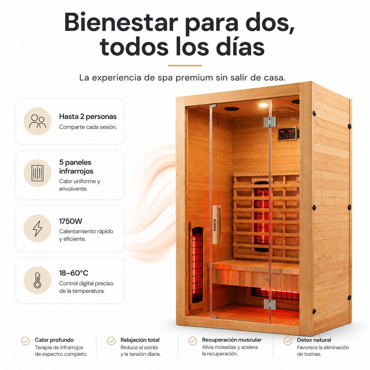 Sauna de infrarrojos para casa 2 personas con 5 paneles, Bluetooth y control digital