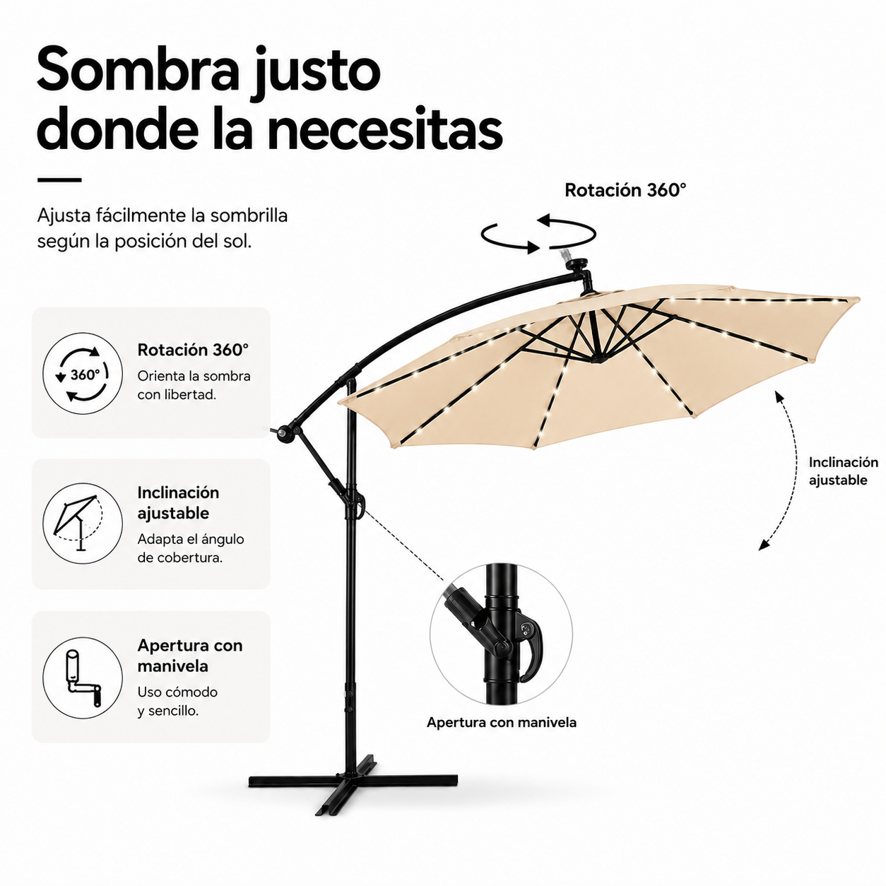 Sombrilla 3 metros beige Lateral Con Iluminación Led Y Inclinación 360°
