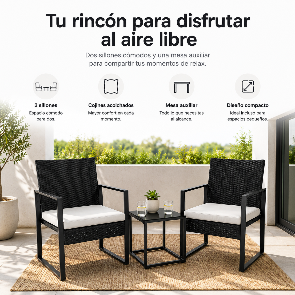 Conjunto de Jardim Exterior em Ráfia PE 3 Peças com Almofadas Acolchoadas