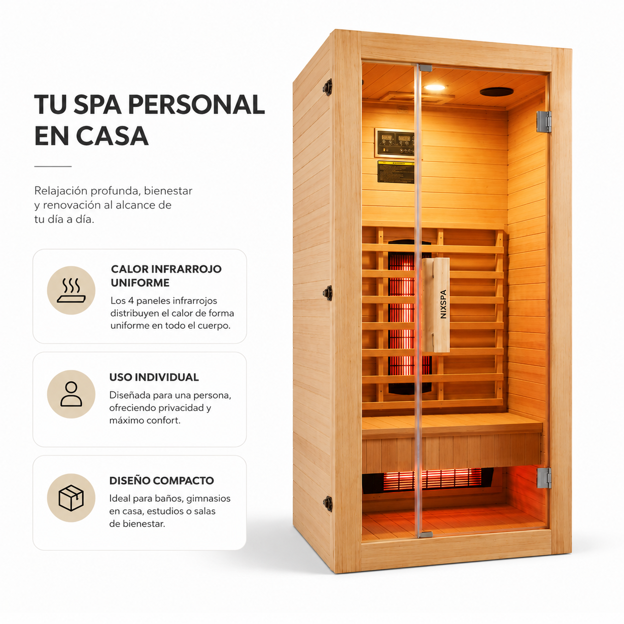 Sauna de infrarrojos para casa individual de madera maciza con 4 paneles y control digital