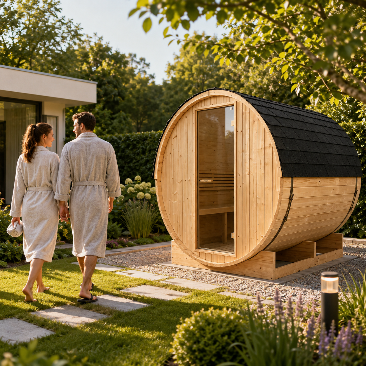 Sauna Barril Exterior para Jardim 5-6 Pessoas em Madeira Abeto 6 kW Telhado de Telhas