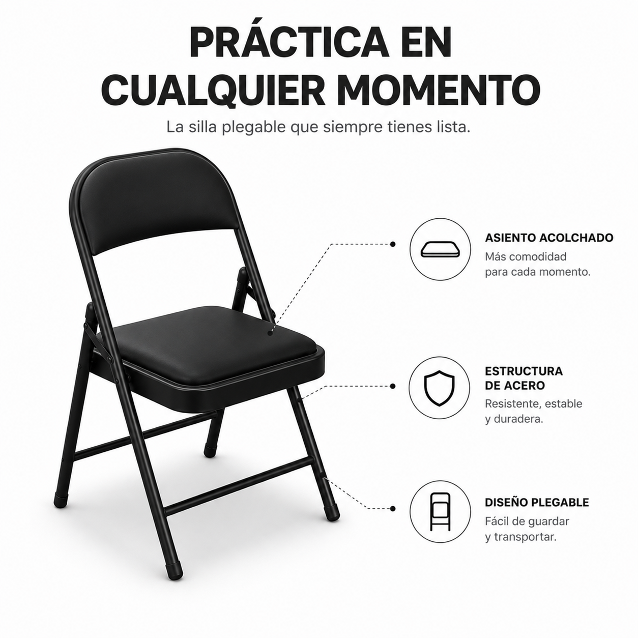 Chaise pliante rembourrée en acier noir