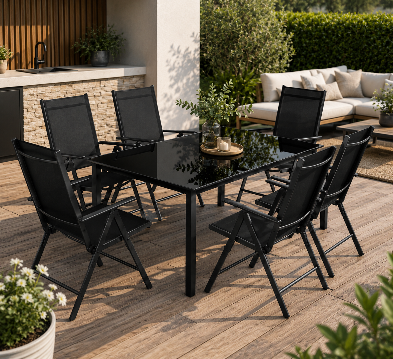 Tuinset met verstelbare stoelen, 7-delig, met glazen tafel