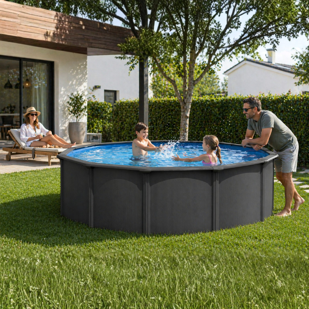 Erhöhtes Stahlbecken rund in Anthrazitfarbe ohne Bauarbeiten rund