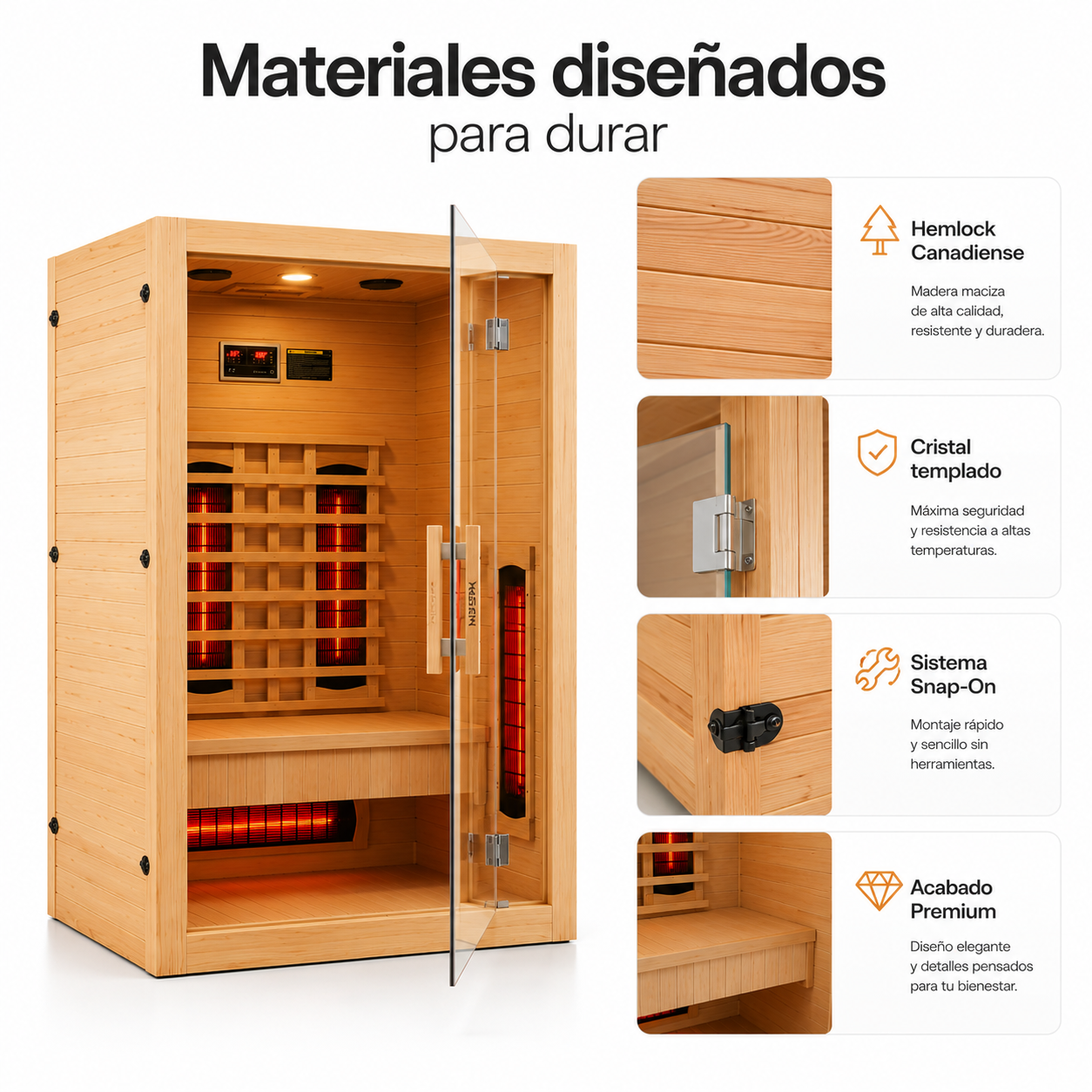 Sauna a infrarossi per casa 3 persone con 6 pannelli, Bluetooth e porta panoramica