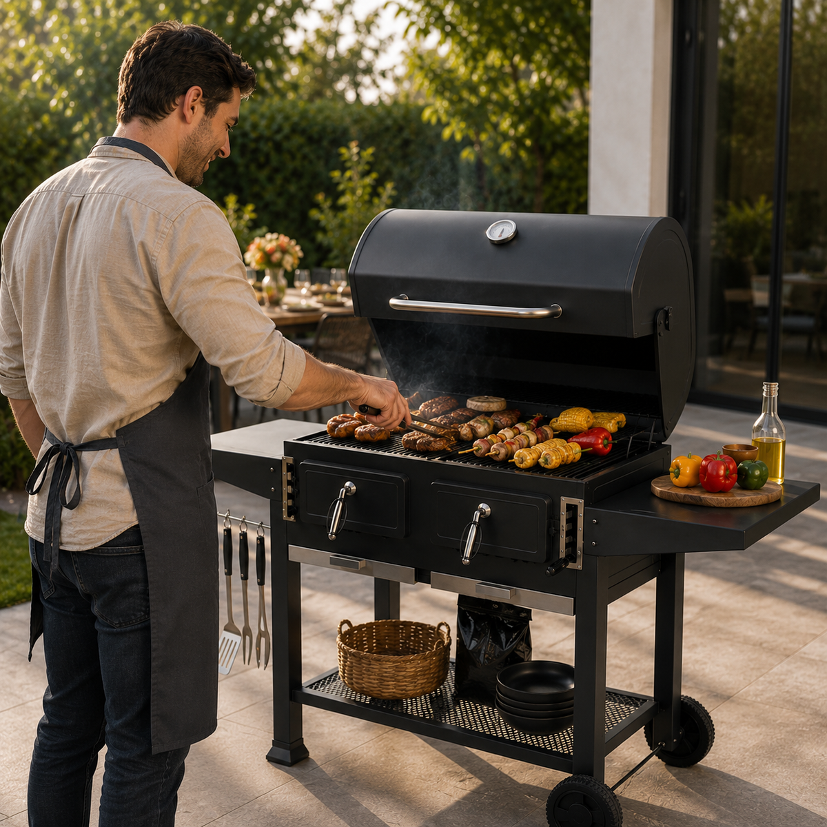Barbacoa de Carbón Doble Cámara con Ventilación Regulable