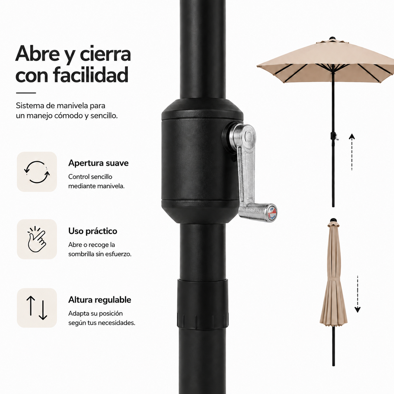 Parasol de jardin réglable 3 mètres avec manivelle couleur kaki