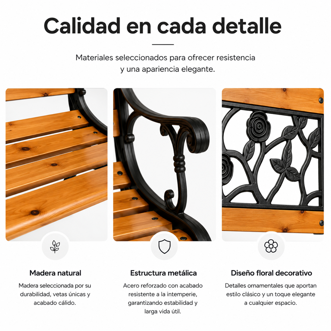 Banc de jardin en bois et métal avec dossier décor floral
