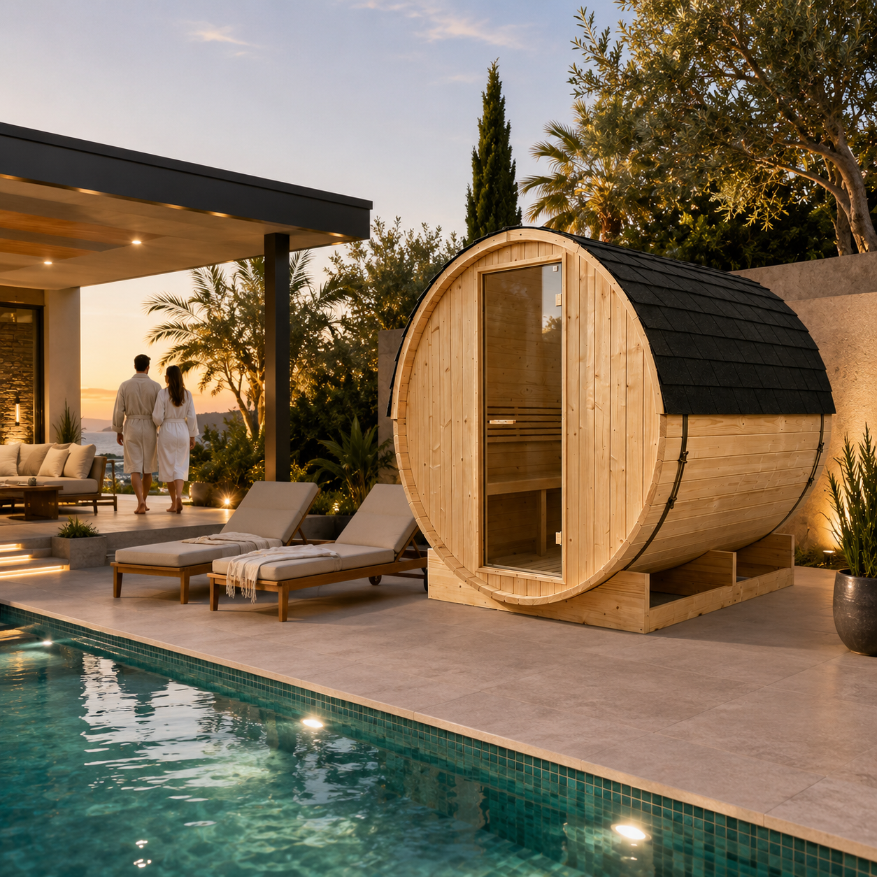 Sauna Barril Exterior para Jardim 5-6 Pessoas em Madeira Abeto 6 kW Telhado de Telhas