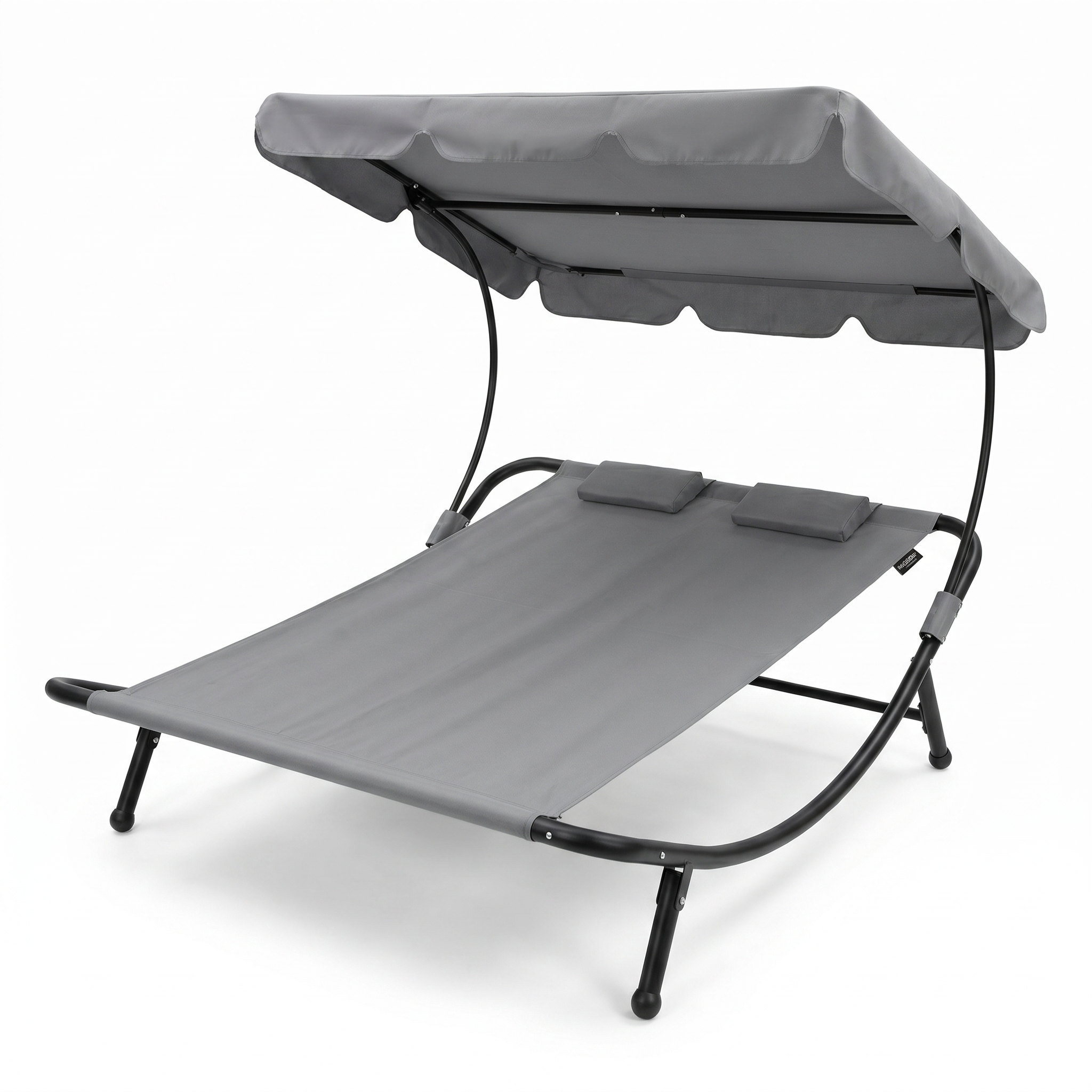 Chaise longue double de jardin type balançoire pour 2 personnes avec parasol réglable, coussins, roues et structure en acier gris 195x185x175 cm