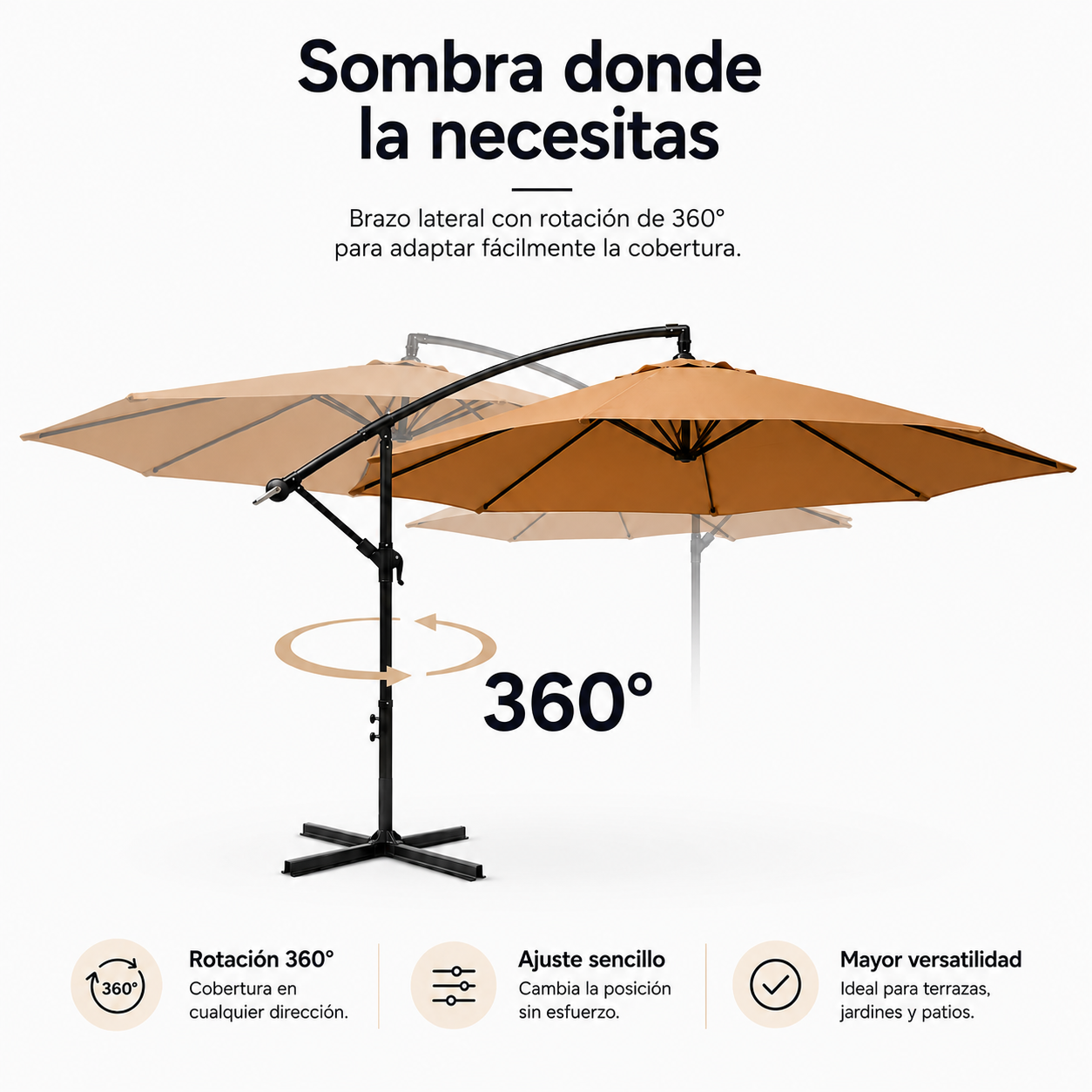 Parasol latéral 3 mètres de jardin inclinable 360° couleur kaki