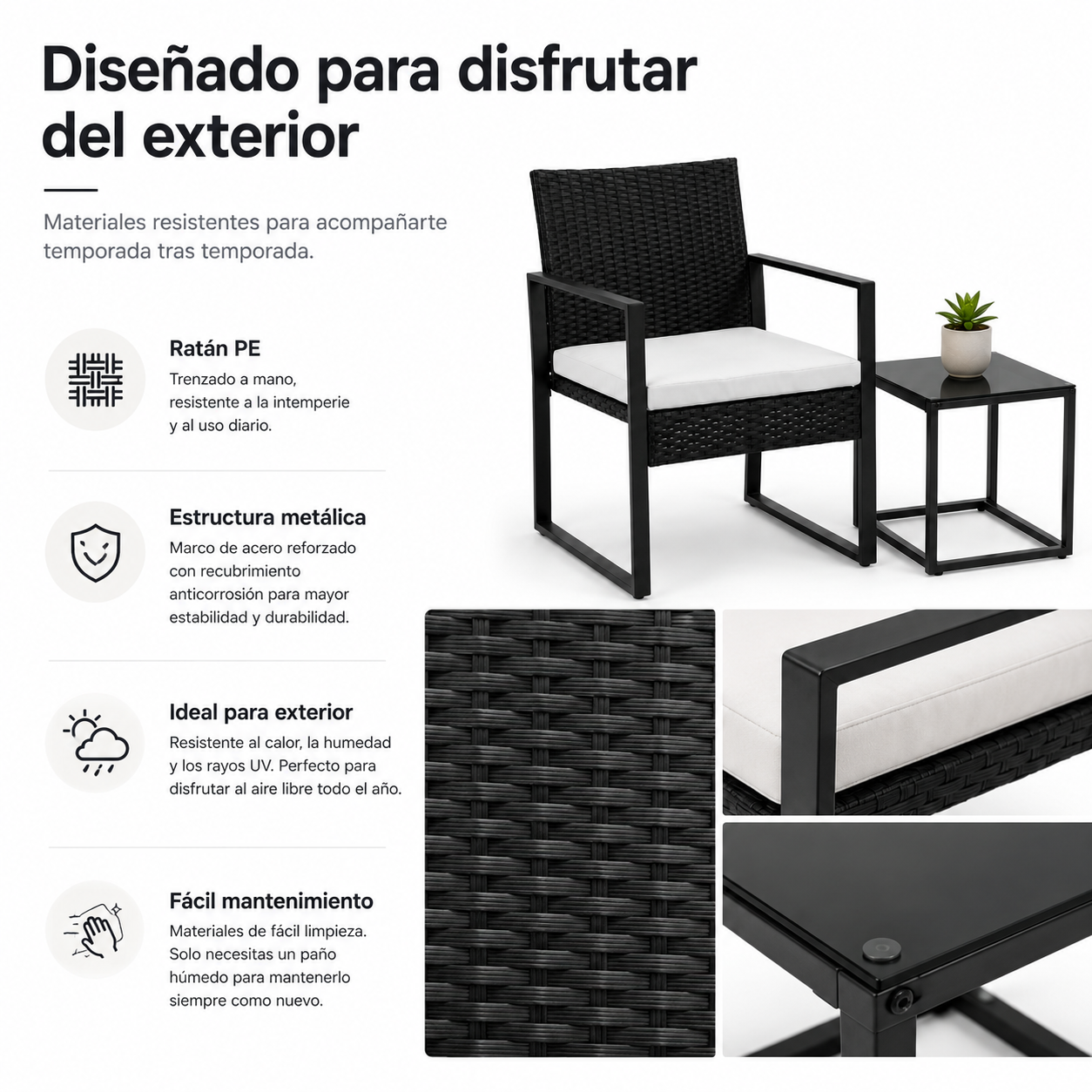 Conjunto de Jardim Exterior em Ráfia PE 3 Peças com Almofadas Acolchoadas