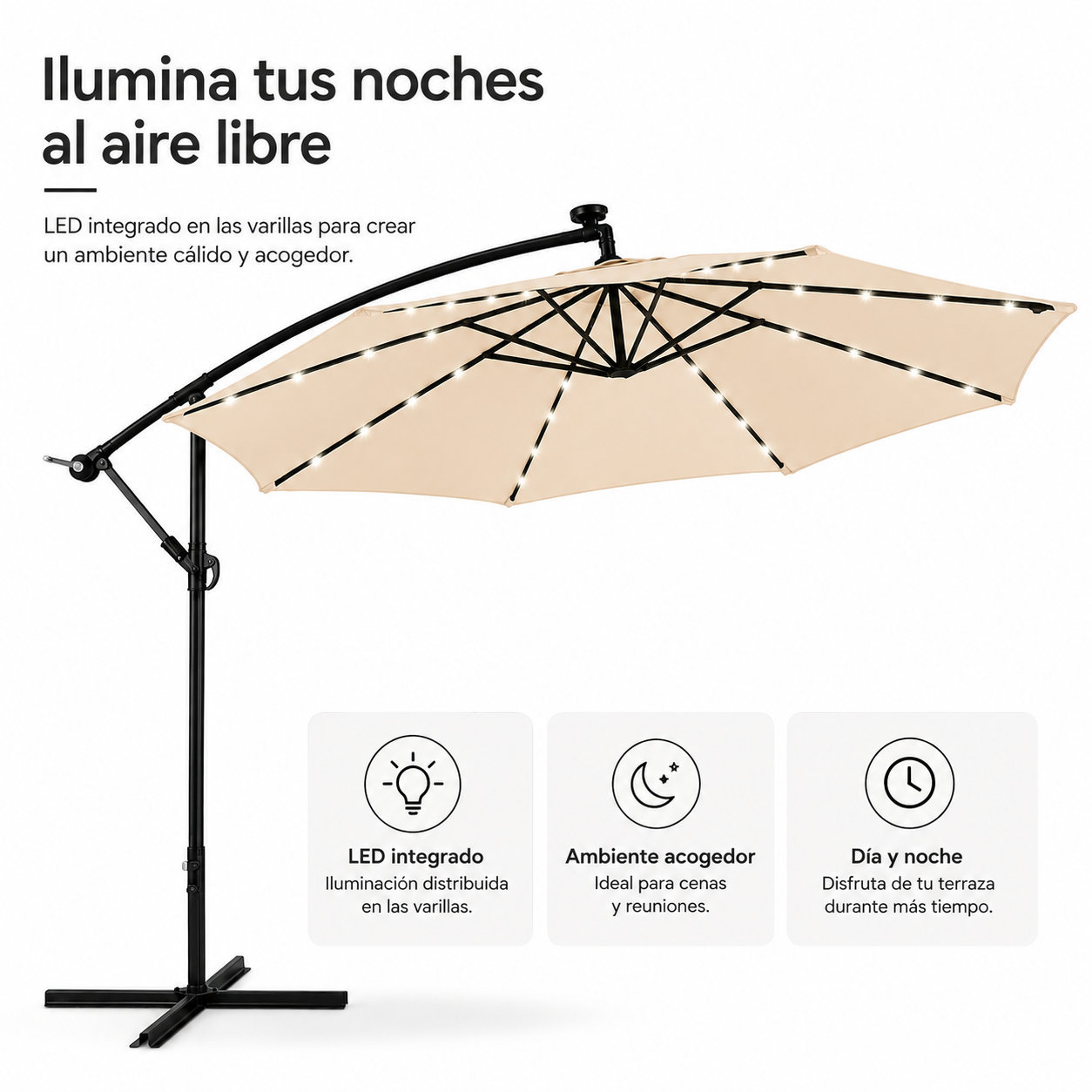 Sombrilla 3 metros beige Lateral Con Iluminación Led Y Inclinación 360°