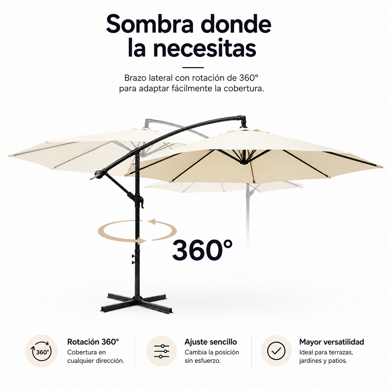 Sombrilla Lateral 3 metros Inclinable 360° Con Mástil Y Manivela Beige Sin Base