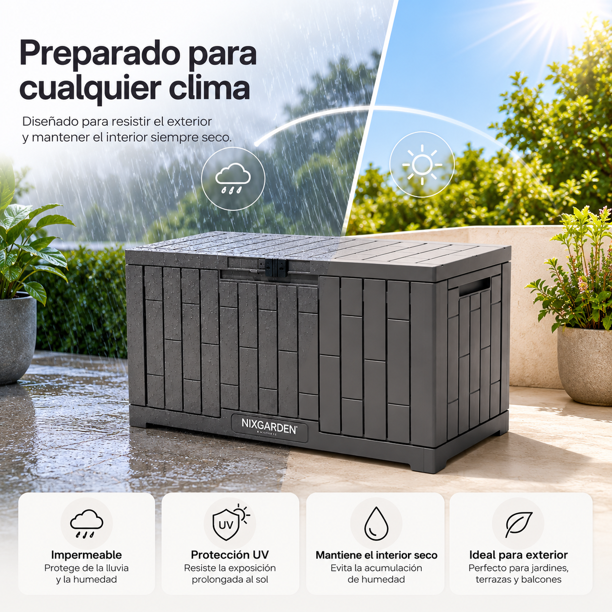 Coffre de jardin anthracite résine résistante effet rotin imperméable