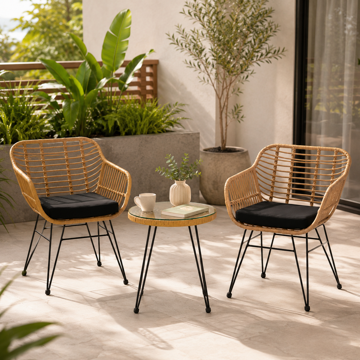 Conjunto Jardim Ráfia com 2 Poltronas e Mesa Redonda para Terraço e Varanda
