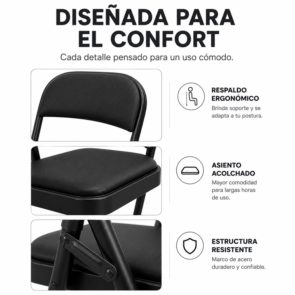 Chaise pliante rembourrée en acier noir