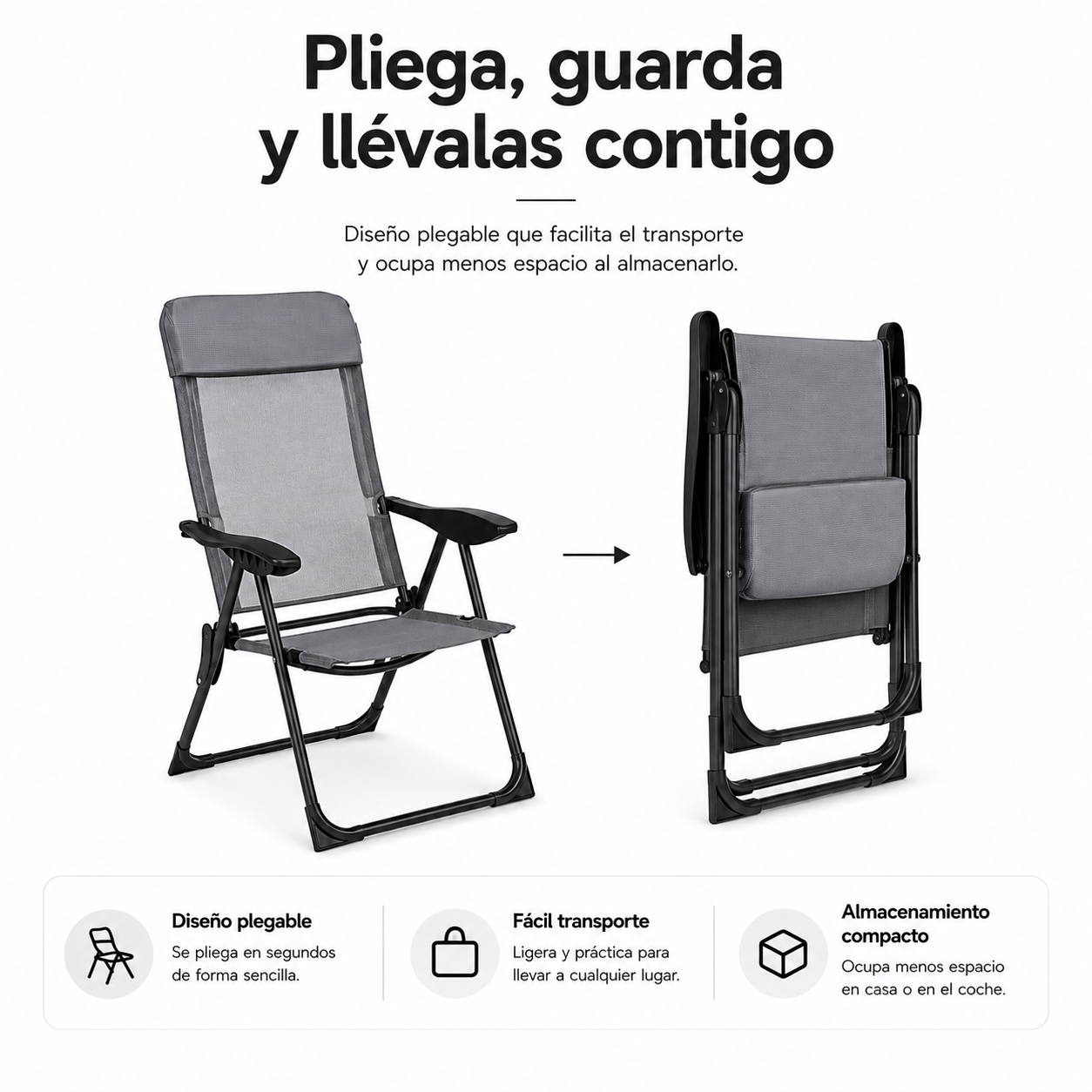 Pack de 2 Sillas Plegables Reclinables 7 Posiciones Respaldo Alto Exterior